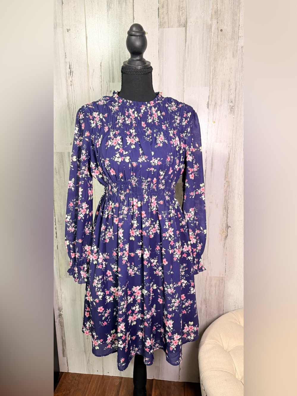 GRACE KARIN Navy Blue Floral Smocked Waist Dress - Size 14Y